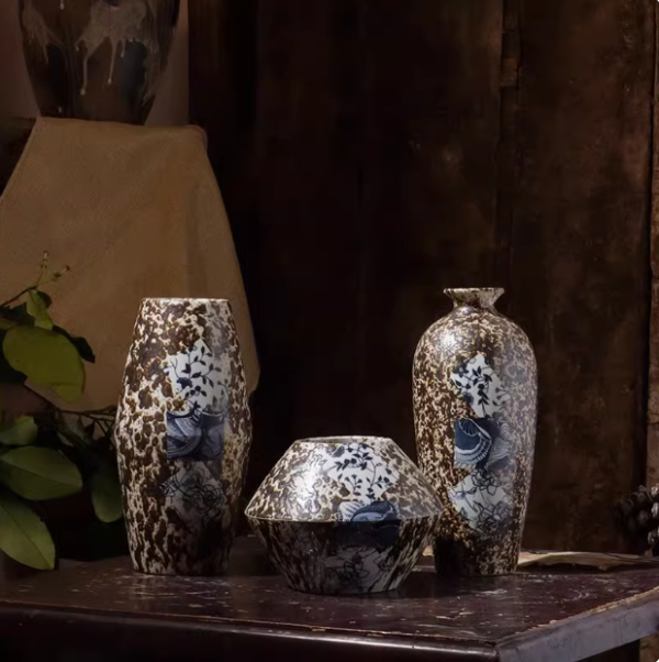Vintage Keramikvase mit wasserpflegendem japanischem Mosaikdesign